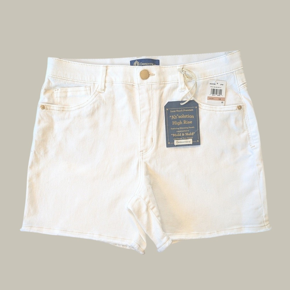 Democracy Absolution High Rise White Denim Shorts Womens 12 Raw Hem NEW